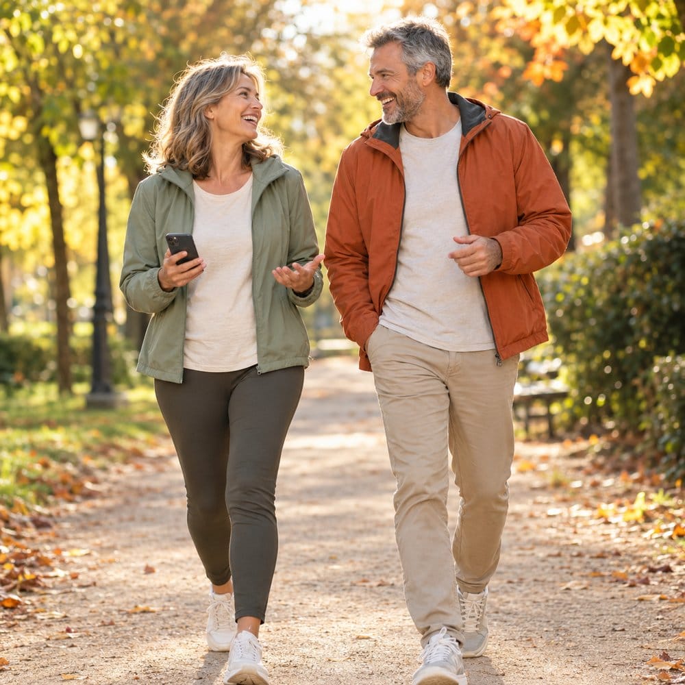Un couple qui marche en riant dans un parc en automne