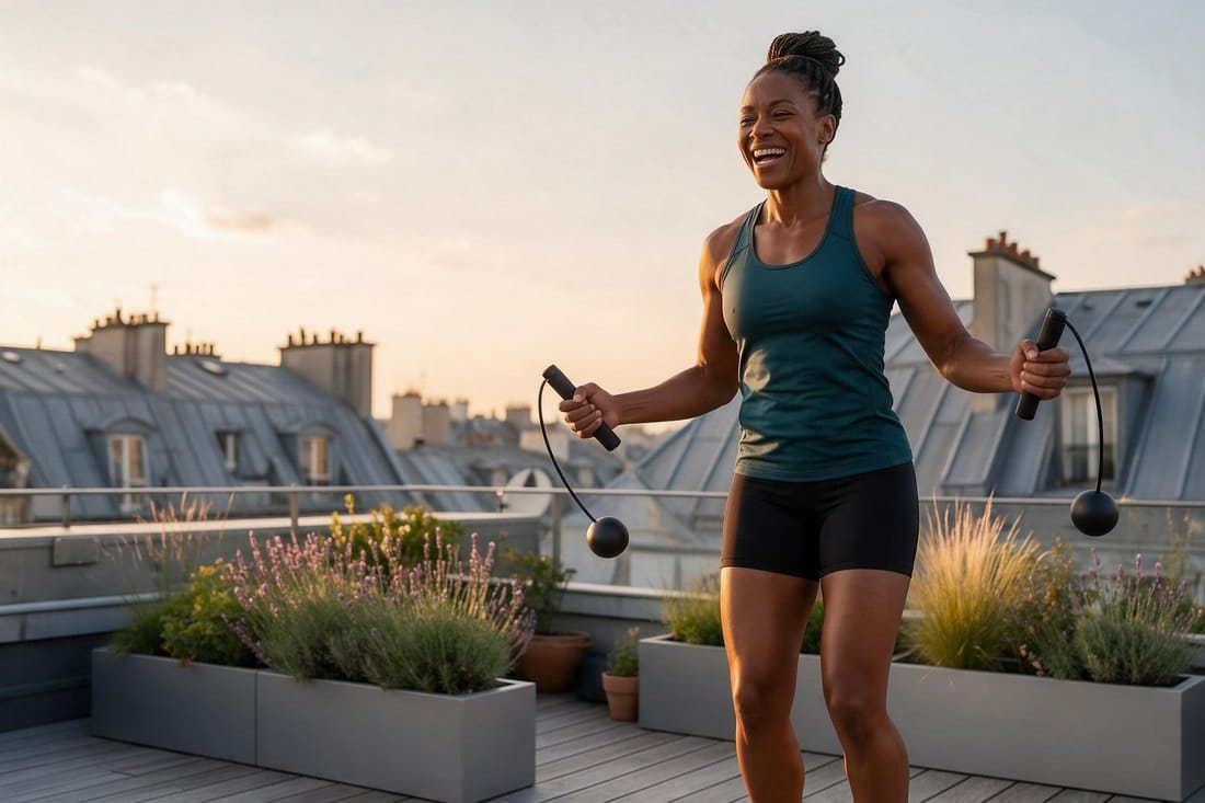 Femme souriante utilisant la corde à sauter électronique Slimdoo sur un toit parisien au coucher du soleil