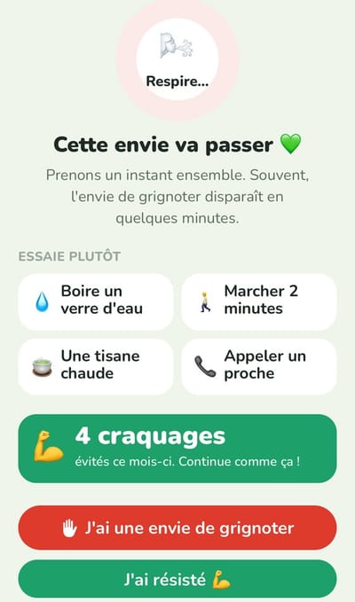 Écran anti-grignotage de l'appli Slimdoo+ : respiration guidée, alternatives et compteur de craquages évités