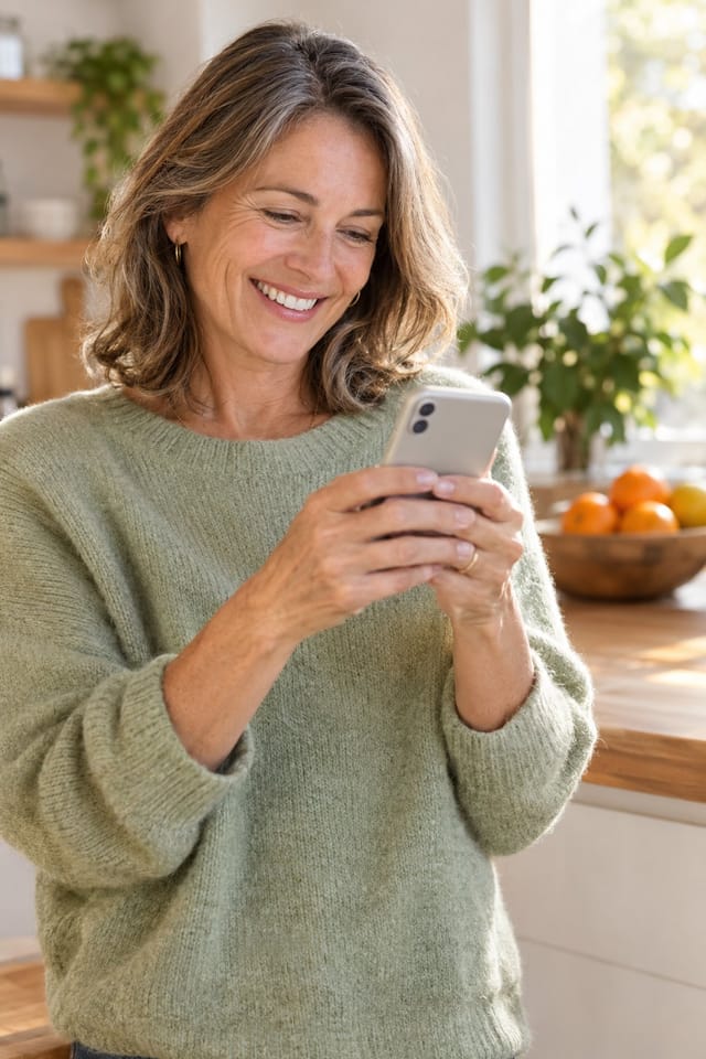 Femme souriante qui lit un message de Pulp sur son téléphone dans sa cuisine